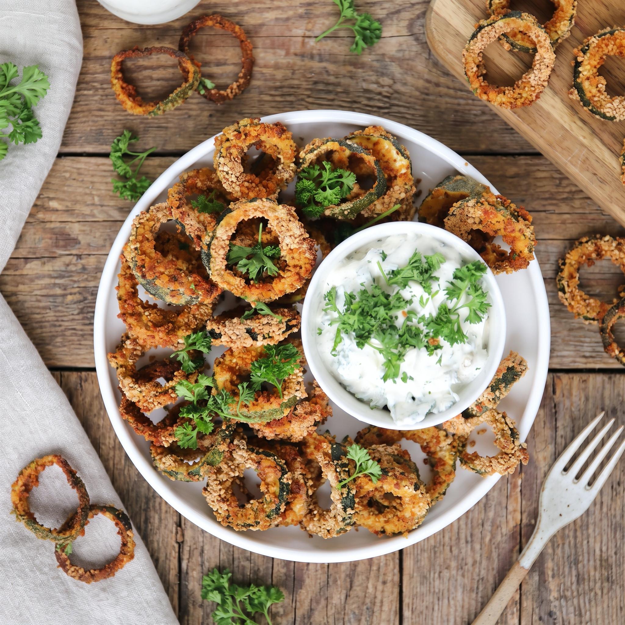 Low-Carb Zucchini Ringe mit Joghurt-Dip