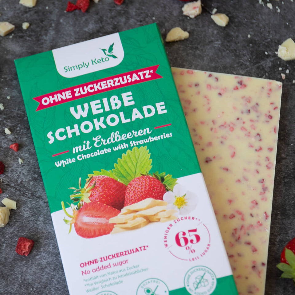 Zuckerreduzierte Weiße Schokolade mit Erdbeeren | 30% Kakao | 12er Pack