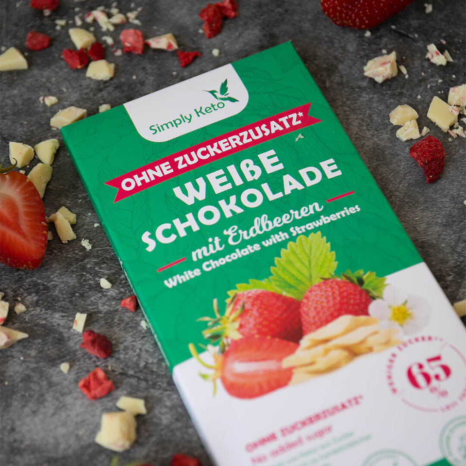 Zuckerreduzierte Weiße Schokolade mit Erdbeeren | 30% Kakao | 12er Pack