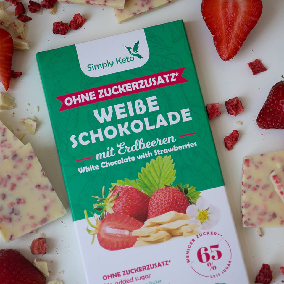 Zuckerreduzierte Weiße Schokolade mit Erdbeeren | 30% Kakao | 12er Pack