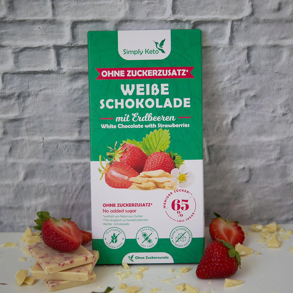 Zuckerreduzierte Weiße Schokolade mit Erdbeeren | 30% Kakao | 12er Pack